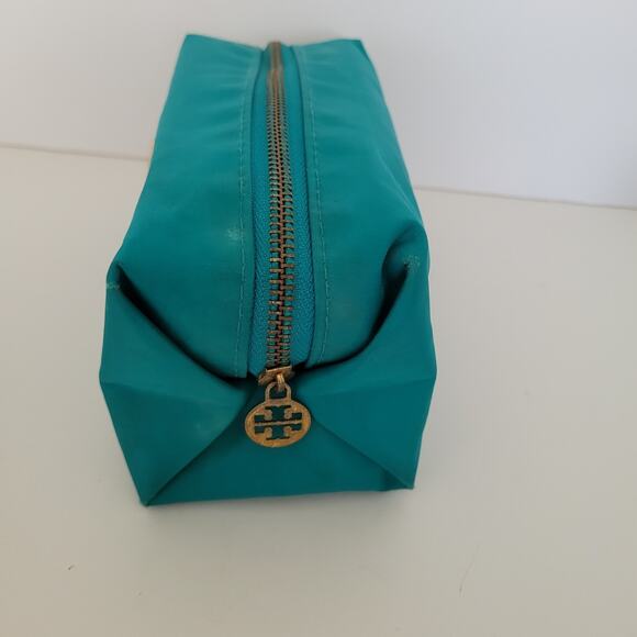 Tory Burch Cosmetic Toiletry Bag Case Teal Blue Pouch Zip Around Logo Medium - Picture 4 of 10